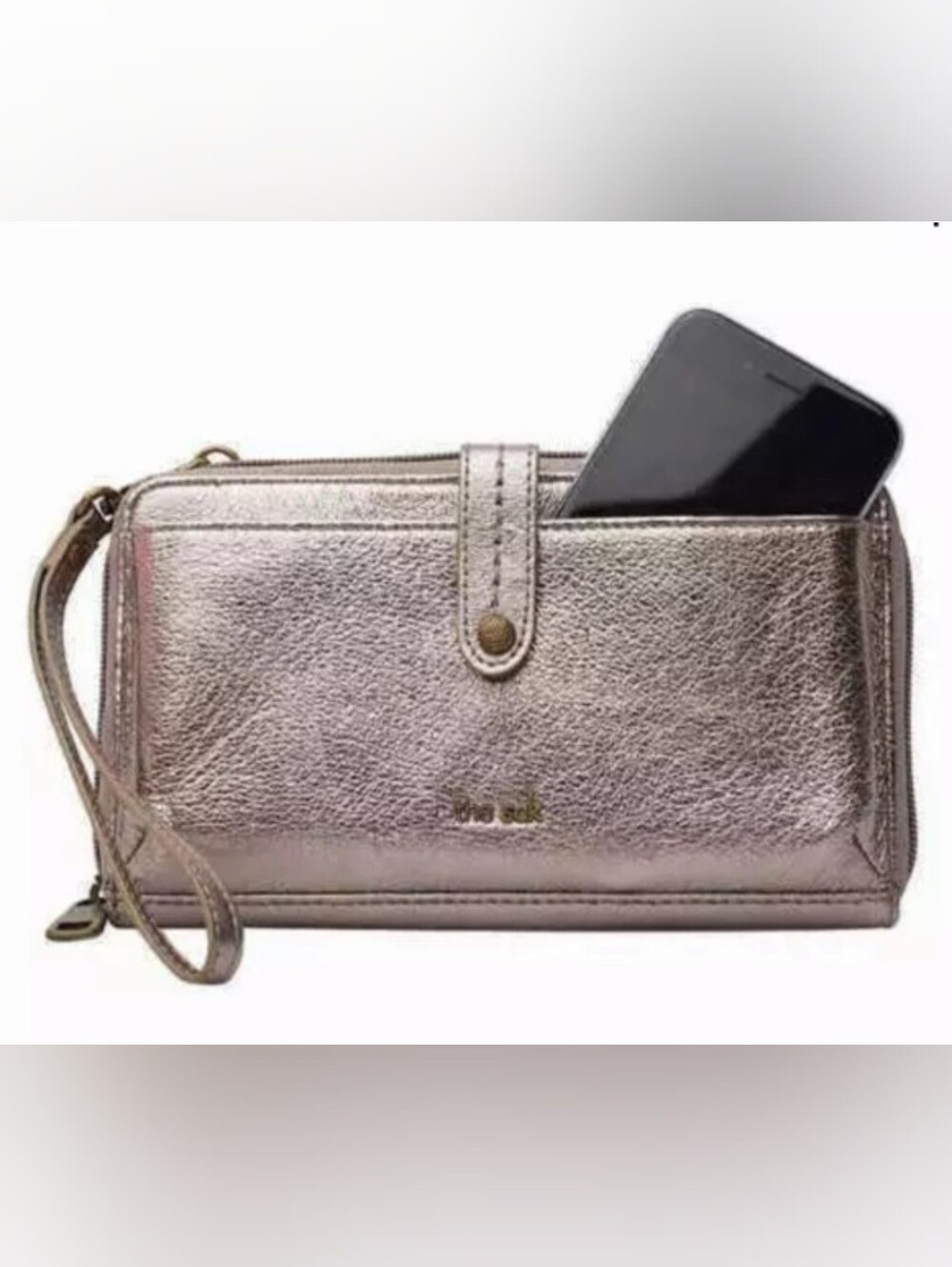 The Sak Metallic Pewter Wristlet Clutch with Phone Pocket